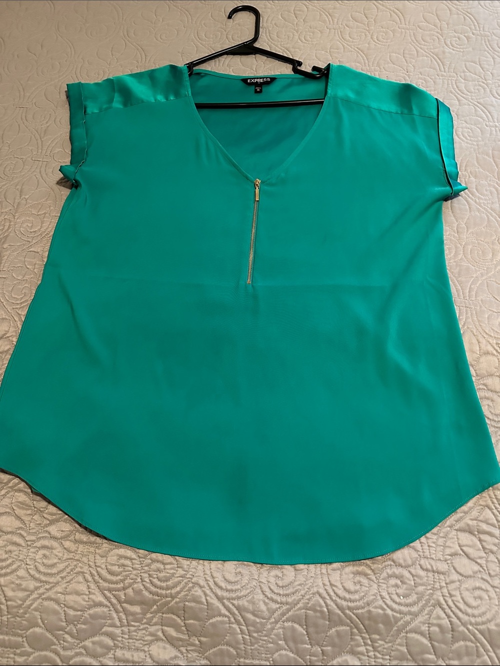 Express Teal Green V-Neck Zip Front Blouse